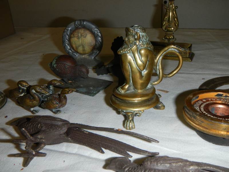 A mixed lot of small brass and bronze items including Chamber Candlestick, animals, hat pin stand, - Image 5 of 6