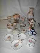 A mixed lot of interesting ceramics including candlesticks, vase, pill boxes etc.