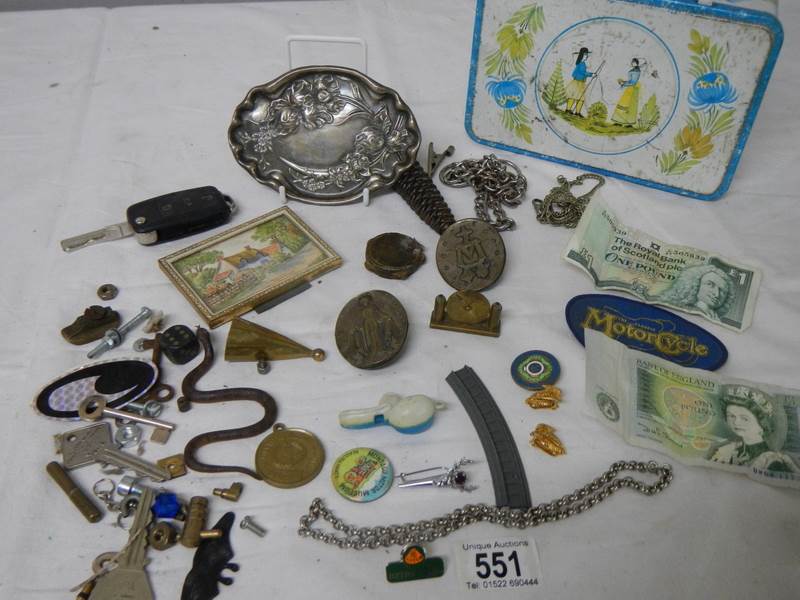 An old tin and contents including bank notes, art nouveau pin tray etc. - Image 5 of 5