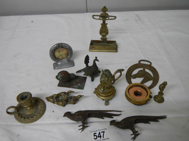 A mixed lot of small brass and bronze items including Chamber Candlestick, animals, hat pin stand, - Image 6 of 6