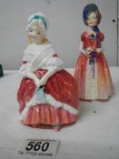 2 Royal Doulton figurines, Diana and Peggy, 13 cm and 15 cm.
