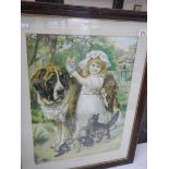 A framed and glazed print of a young girl with a St. Bernard dog.