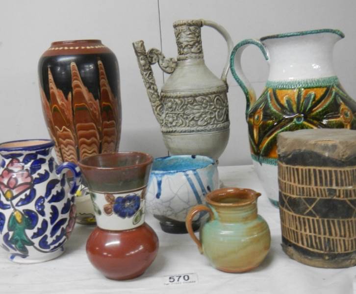 A good mixed lot of studio pottery including Italian jug, early drum etc. - Image 2 of 6