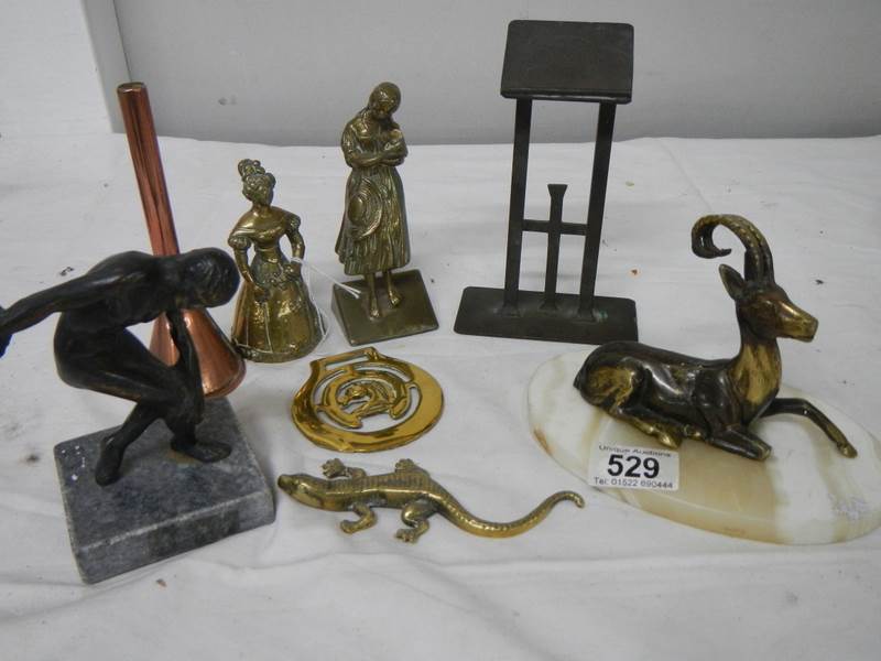 A mixed lot of brass ware including miniature lantern, marble base figure etc.