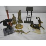 A mixed lot of brass ware including miniature lantern, marble base figure etc.