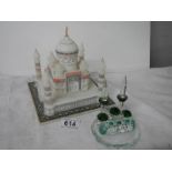 A good alabaster model of a mosque (base 18 cm square) together with a glass model of a mosque with