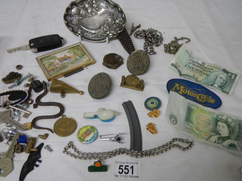 An old tin and contents including bank notes, art nouveau pin tray etc.