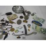 An old tin and contents including bank notes, art nouveau pin tray etc.