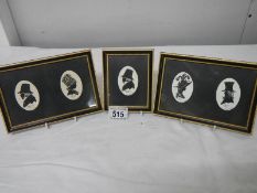 2 framed and glazed double silhouettes and a single silhouette of Victorian people.