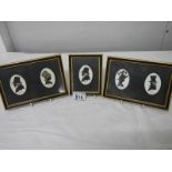 2 framed and glazed double silhouettes and a single silhouette of Victorian people.