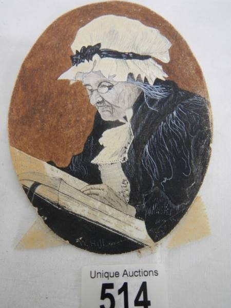 A framed watercolour portrait of an elderly lady, signed W Hill. - Image 3 of 5