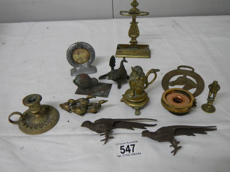 A mixed lot of small brass and bronze items including Chamber Candlestick, animals, hat pin stand,