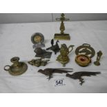 A mixed lot of small brass and bronze items including Chamber Candlestick, animals, hat pin stand,
