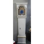 A painted 8 day Grandfather clock with weights and pendulum.