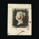 Great Britain - QV (line engraved) : (SG 2) 1840 1d black, plate 1a, AF, 4 tiny to large margins,