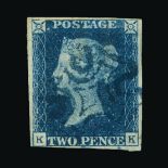 Great Britain - QV (line engraved) : (SG 5) 1840 2d blue, plate 2, KK, 4 margins (very close at