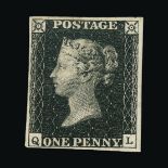 Great Britain - QV (line engraved) : (SG 2) 1840 1d black, plate 8, QL, 4 small to good margins,