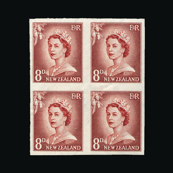 Bradbury Wilkinson Collection : NEW ZEALAND: 1955-59 imperf plate proof BLOCKS OF FOUR written up on