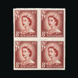 Bradbury Wilkinson Collection : NEW ZEALAND: 1955-59 imperf plate proof BLOCKS OF FOUR written up on