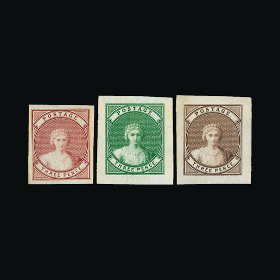 Bradbury Wilkinson Collection : STAMPS: 1861 WYON QUEEN VICTORIA THREE PENCE ESSAY, imperf proofs in