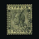 Cyprus : (SG 117a) 1924-28 KGV £5 black on yellow, used with neat part cds cancel, very small thin