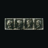 Great Britain - QV (line engraved) : (SG 2) 1840 1d black, plate 1b, horizontal strip of 4, ID-IG,