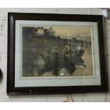 Large Antique Etching, in an oak frame, stamped “Berlin”, featuring a family on a river boat