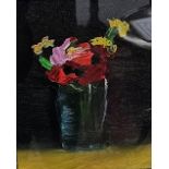 DECLAN MARRY – Still Life of red and yellow flowers, in a glass vase, 24cm x 20cm, in a good ebony