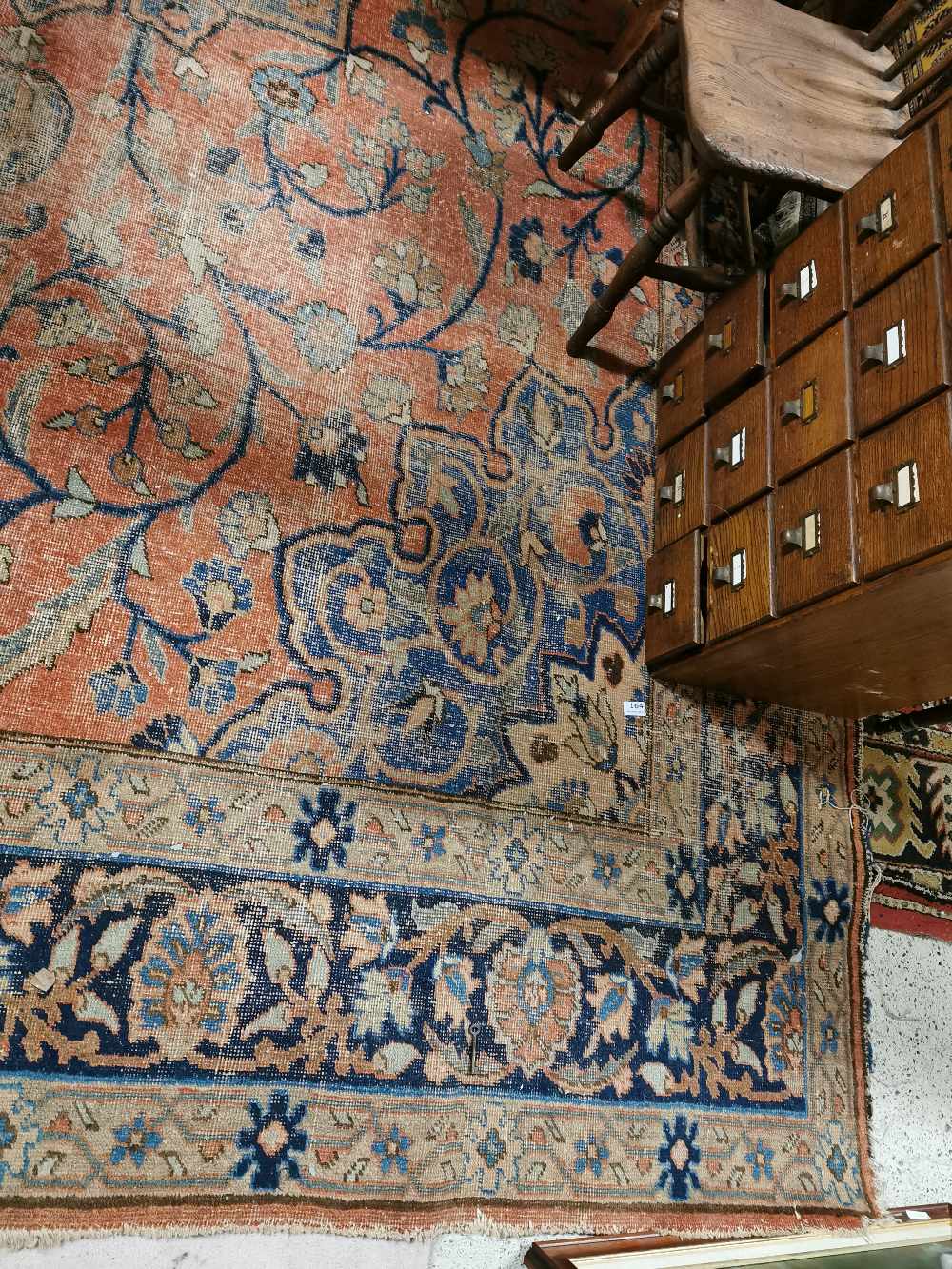 Large Old Persian Wool Floor Rug, worn all over, red ground with navy branches, 13feet x 10 feet - Image 3 of 3