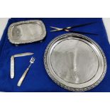 2 silver plated Trays, one small tray on feet, 2 mother of pearl handled items – Penknife (