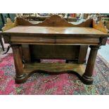 William IV mahogany Wall Table with raised shaped gallery, 2 apron drawers, large turned column