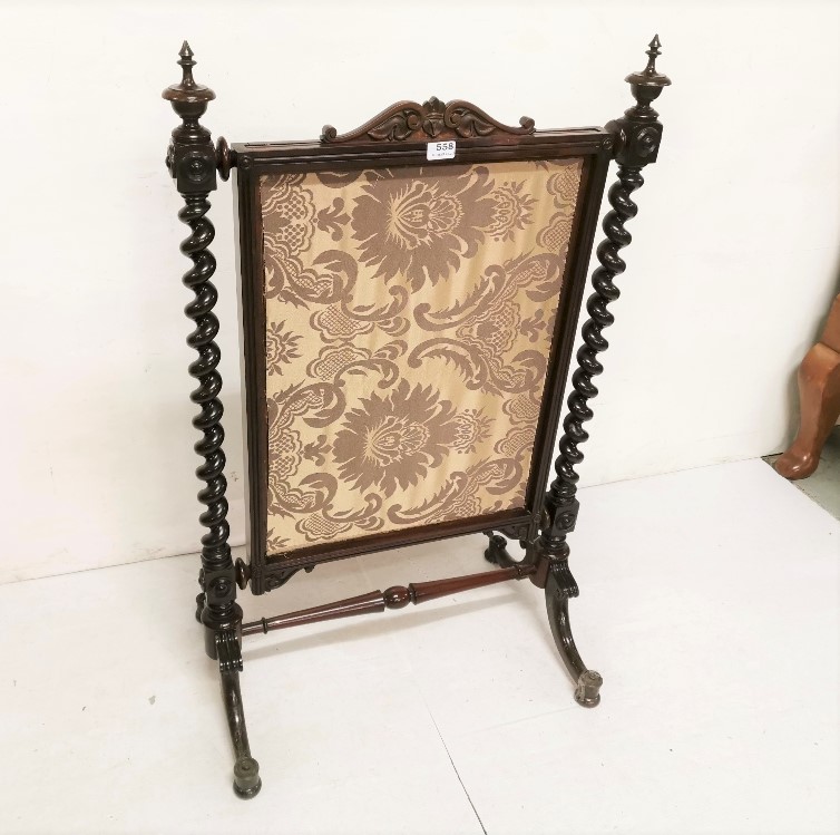 WMIV Mahogany Framed Fire Screen, with beige fabric front, circular feet, 108cmH x 67cmH