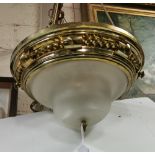 Brass Ceiling Light, in the Romanesque style, 3 arms supporting a cameo glass shade