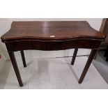 WMIV Mahogany Foldover Card Table, on square legs, shaped front, opening to a green baize, 92cm w