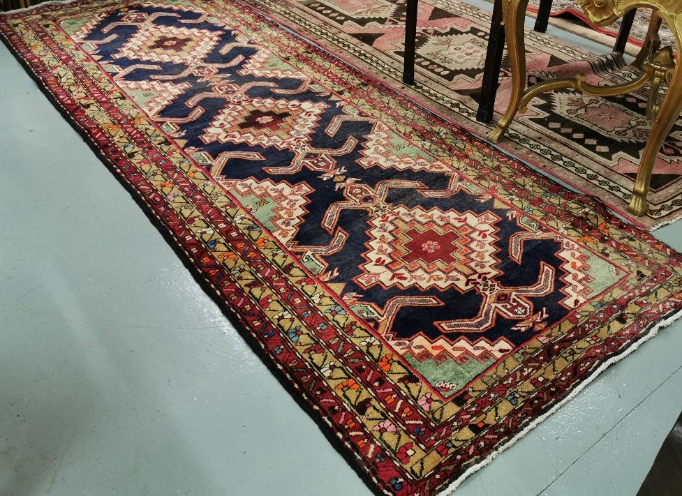 Blue Ground Iranian Runner, unique medallion design, 3.2m x 1.18m