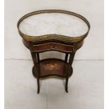 Reproduction White Marble Top Kidney shaped 2 Tier table, brass mounts, 70cm h x 46cm w