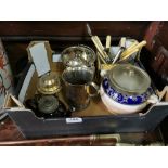 Small box of cutlery, biscuit jar, small tea etc