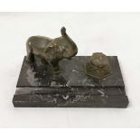 Desk Inkwell – mounted with a bronzed spelter figure of an elephant and a brass pot, 20cm w x 13cm