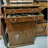 Mahogany cutlery canteen cabinet, with 3 drawers above 2 flush panelled doors on plinth base, also