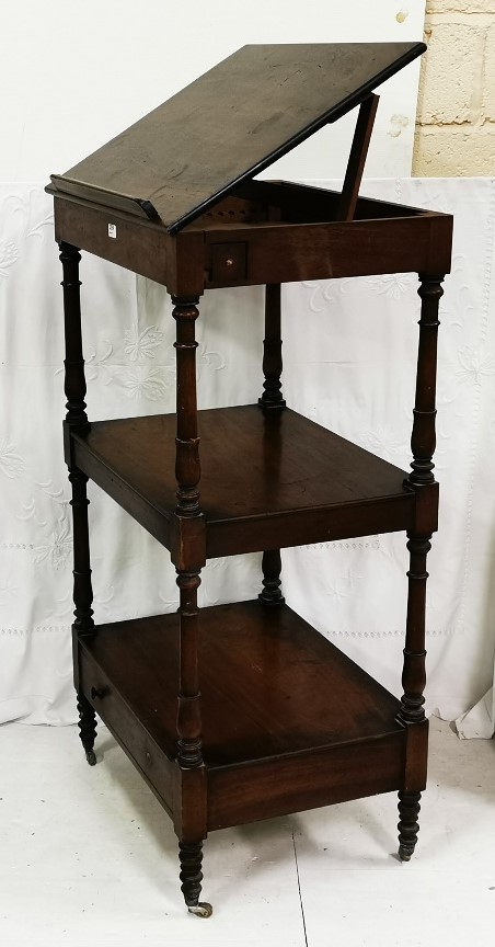 3-Tier Antique Mahogany Rostrum, with turned columns, adjustable lectern top and a stretcher drawer, - Image 2 of 2