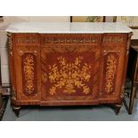 Marquetry Inlaid Side Cabinet, in the French style, with a single door enclosing shelves, a