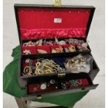 Jewellery Box filled with costume jewellery – bracelets, necklaces, brooches, bag of old watches
