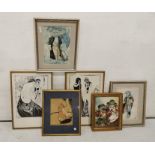 Group of 6 “Clown” & fantasy Watercolours/Sketches, all framed