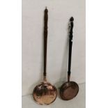 2 Copper Bed Warming Pans with long wooden handles