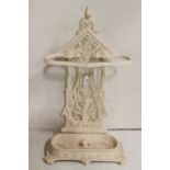 A Victorian Metal Stick Stand, with a removable drip tray, painted white, decorative pierced back,
