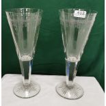 Matching Pair of Tall Wine Glasses, 1920's etched décor, on cut stemmed bases, each 30cmH, (no