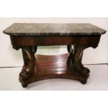 19thC Continental Beidemier Style Mahogany Console Table, with scrolled leg supports on a platform