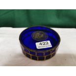 Moser Blue Glass Circular Trinket Dish with a lid, the borders highlighted in gold, classic