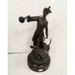 Bronze Model of an 18thC Hunter with two working dogs, including a bugle, on a round black marble