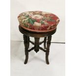 Victorian Revolving Piano Stool, on turned legs with a pink floral top
